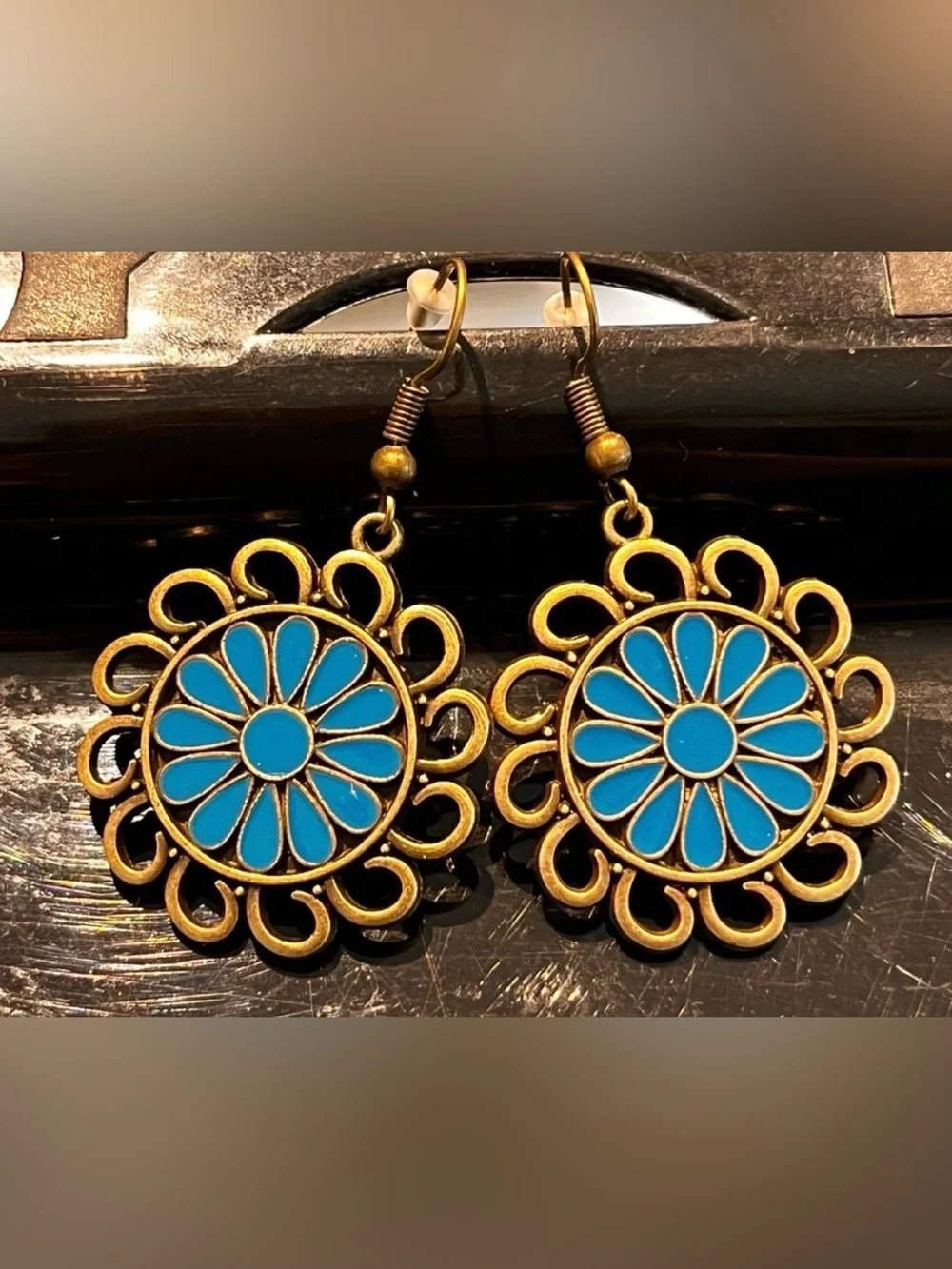 Turquoise Blue Enamel Flower Earrings Antique Gold Tone Boho